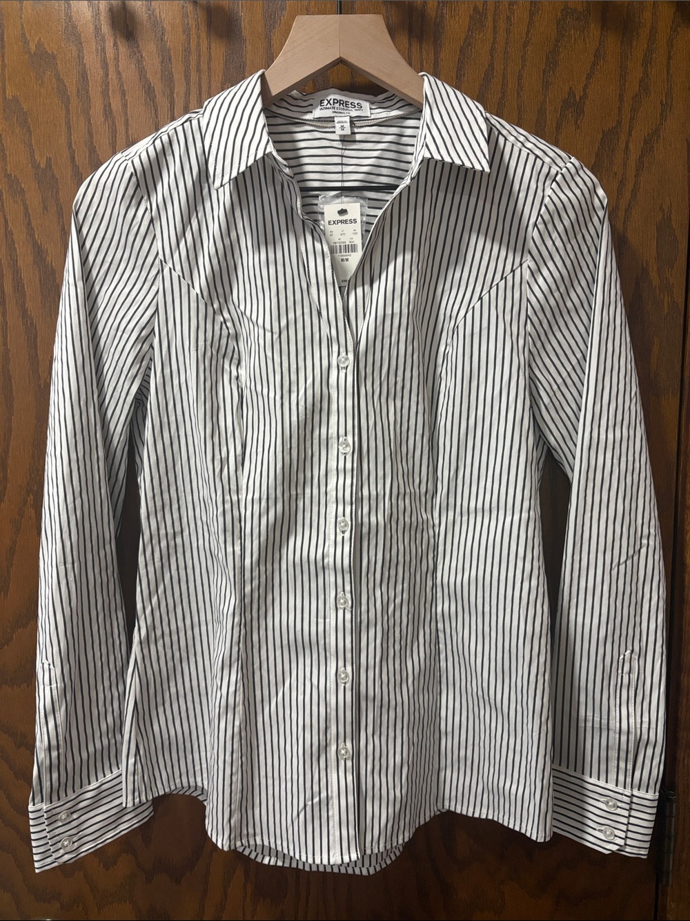 Express White Black Vertical Stripe Dress Shirt Ultimate Essential OG Fit Medium
